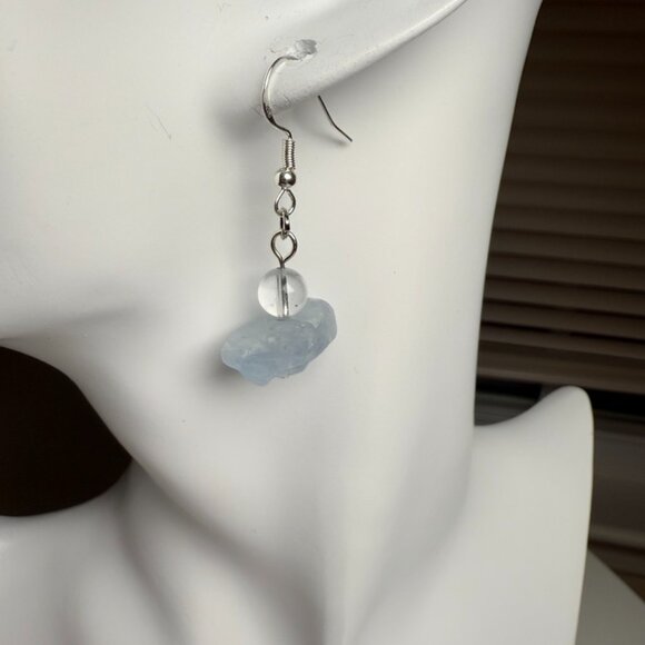 Aquamarine & Clear Quartz Drop Earrings – Raw Crystal Dangles - Picture 3 of 7